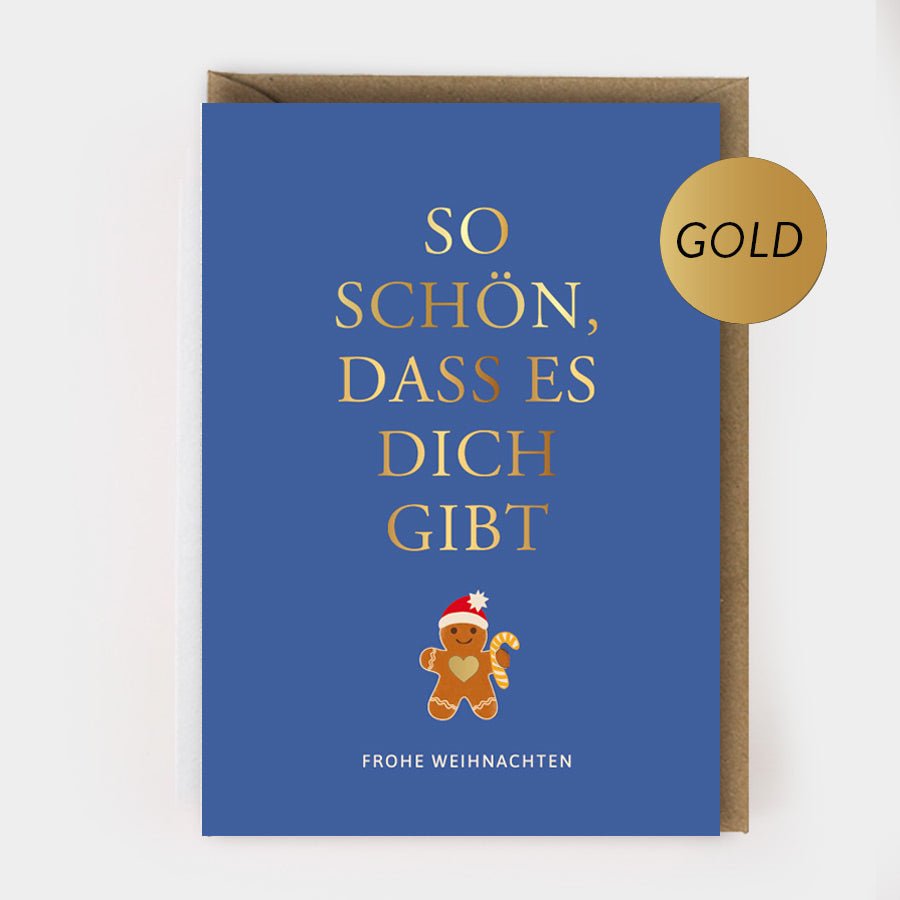 WEIHNACHTSKLAPPKARTE - "So schön, dass es dich gibt" mit Goldprägung und Umschlag