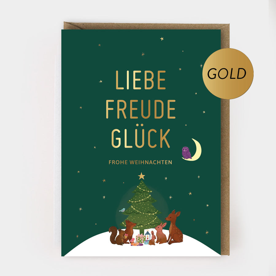 WEIHNACHTSKLAPPKARTE - "Waldtiere" mit Goldprägung und Umschlag
