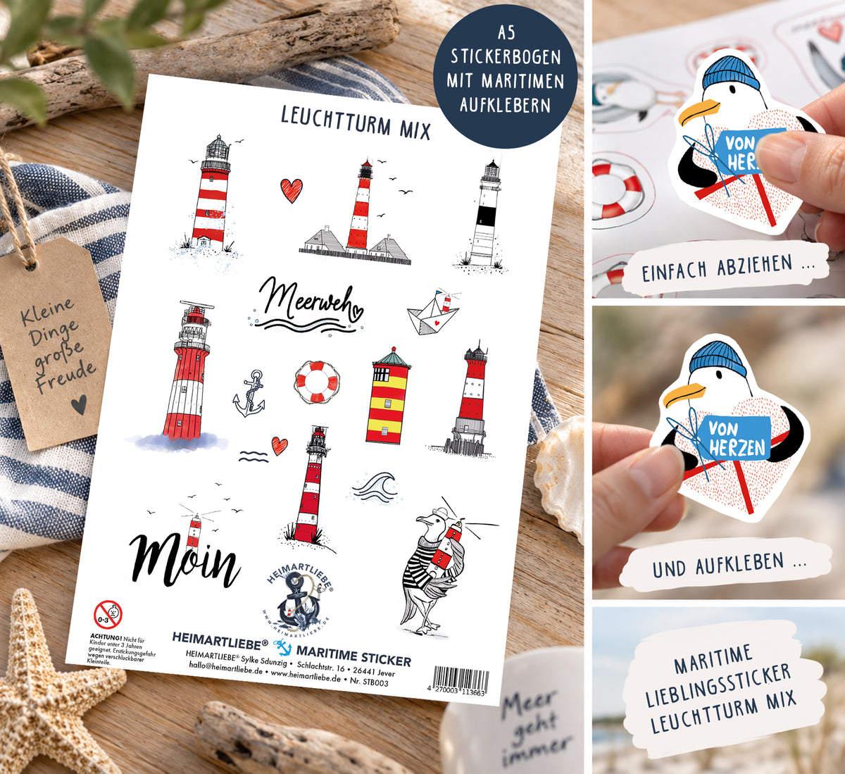 Maritimer Stickerbogen A5 – Leuchtturm Mix