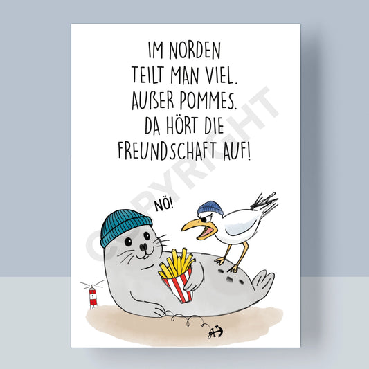 POSTKARTE - BEI POMMES HÖRT DIE FREUNDSCHAFT AUF