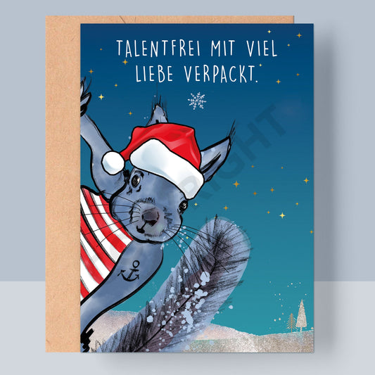 WEIHNACHTSKLAPPKARTE - TALENTFREI MIT VIEL LIEBE VERPACKT