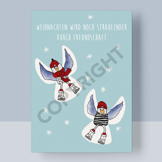 WEIHNACHTSPOSTKARTE - SCHNEEENGEL MÖWEN FREUNDSCHAFT