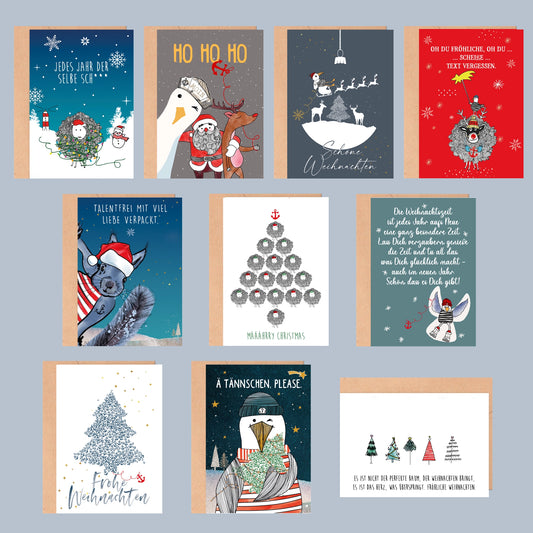 10er Set Weihnachtskarten Mix - 10 Verschiedene Motive Mit Umschlag