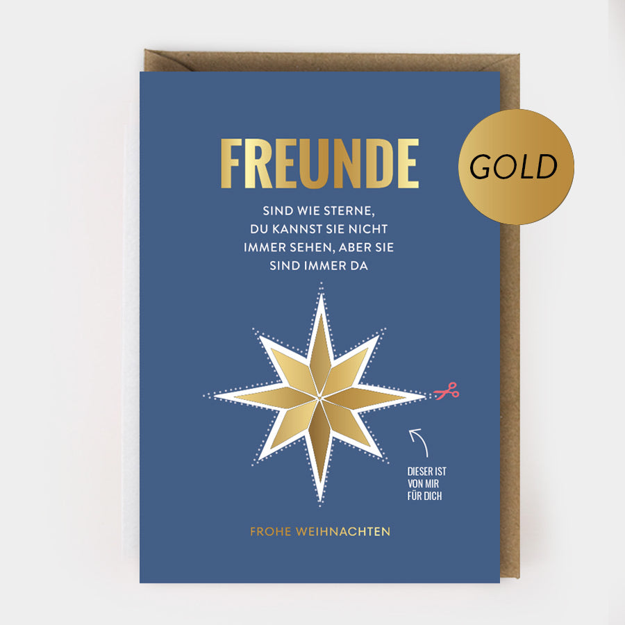 WEIHNACHTSKLAPPKARTE - "Freunde" mit Goldprägung und Umschlag
