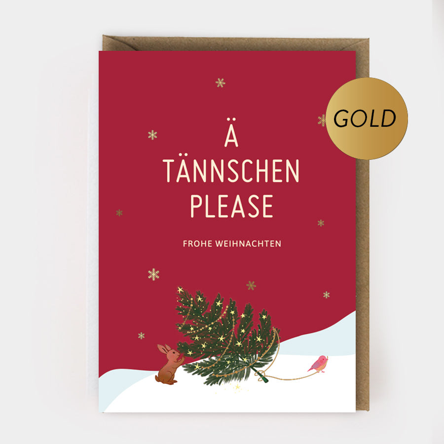 WEIHNACHTSKLAPPKARTE - "Ä Tännschen please" mit Goldprägung und Umschlag