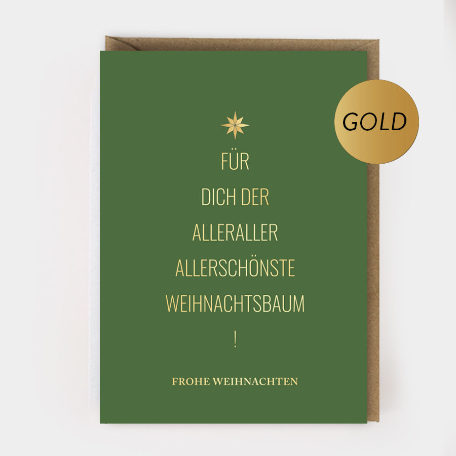 WEIHNACHTSKLAPPKARTE - "Der allerschönste Weihnachtsbaum" mit Goldprägung und Umschlag