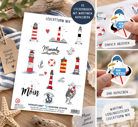 Maritimer Stickerbogen A5 – Leuchtturm Mix
