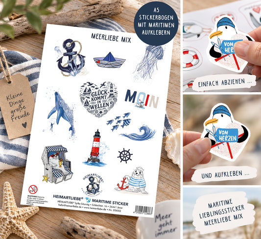Maritimer Stickerbogen A5 – Meerliebe Mix