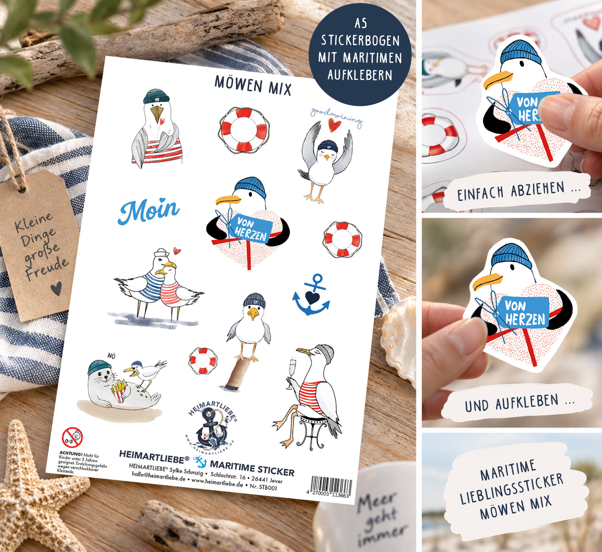 Maritimer Stickerbogen A5 – Möwen Mix