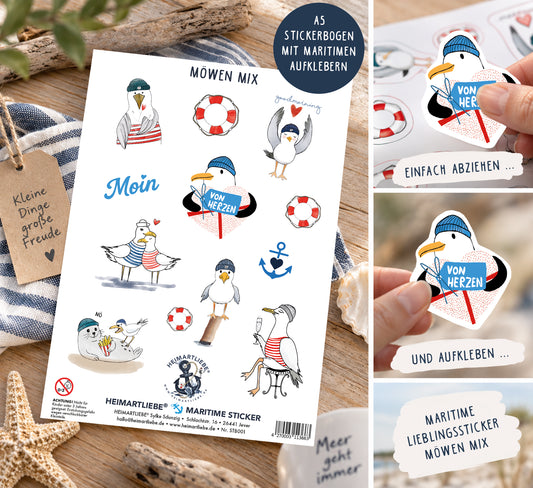 Maritimer Stickerbogen A5 – Möwen Mix