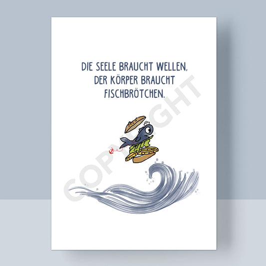POSTKARTE - DER KÖRPER BRAUCHT FISCHBRÖTCHEN