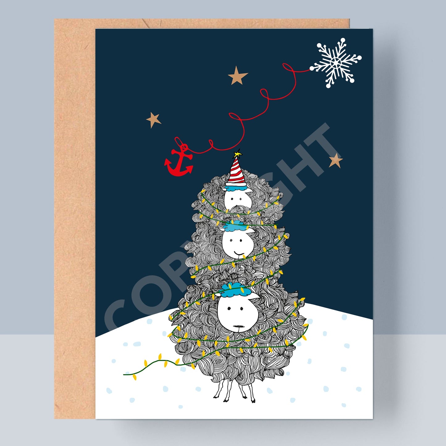 WEIHNACHTSKLAPPKARTE - SCHÄFCHEN SCHNEEMANN